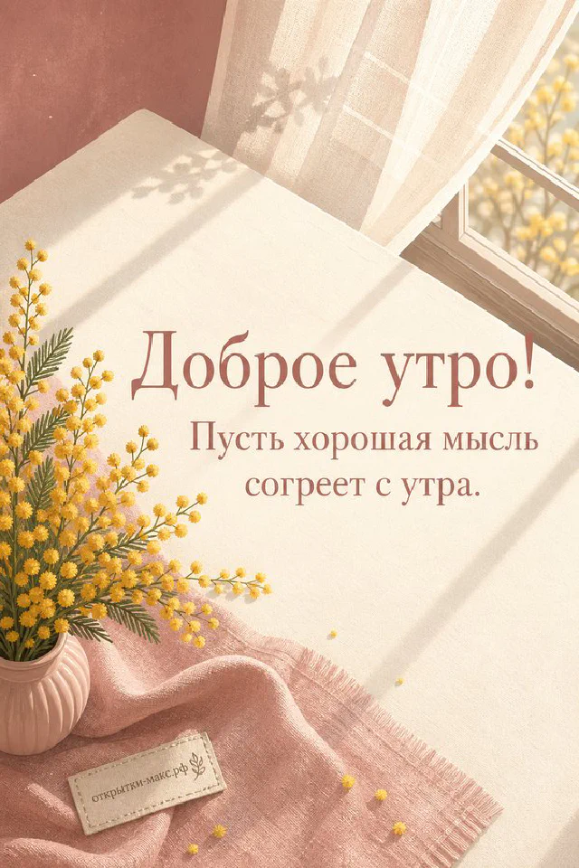 Открытка «Доброе утро» с рыжим котом, чашкой чая на цветочном блюдце и розовым пледом у окна — вариант 2
