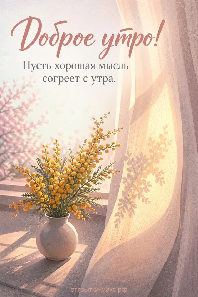 Открытка «Доброе утро» с рыжим котом, чашкой чая на цветочном блюдце и розовым пледом у окна — вариант 3