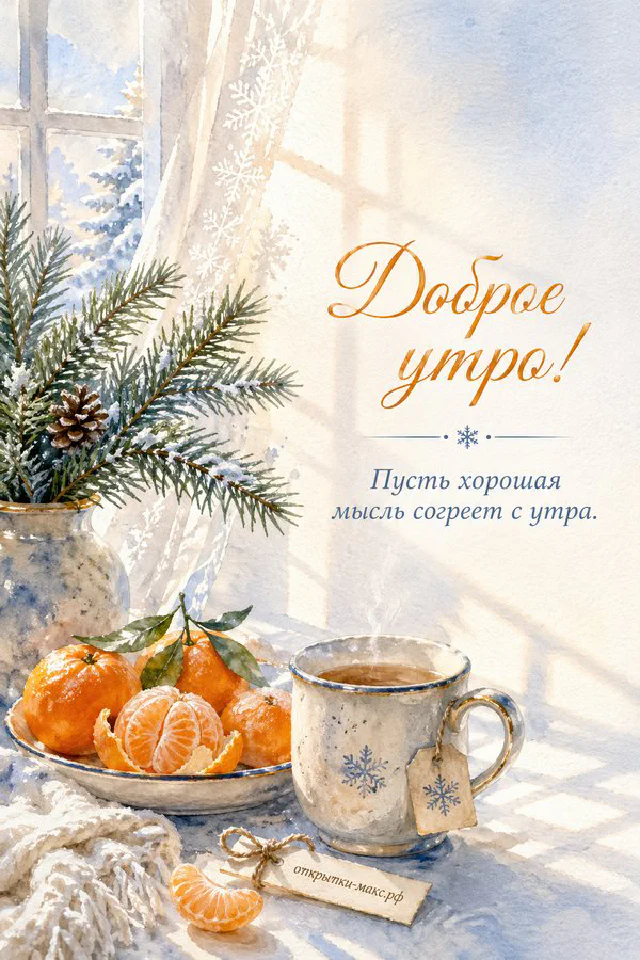 Открытка «Доброе утро» с рыжим котом, чашкой чая на цветочном блюдце и розовым пледом у окна — вариант 5