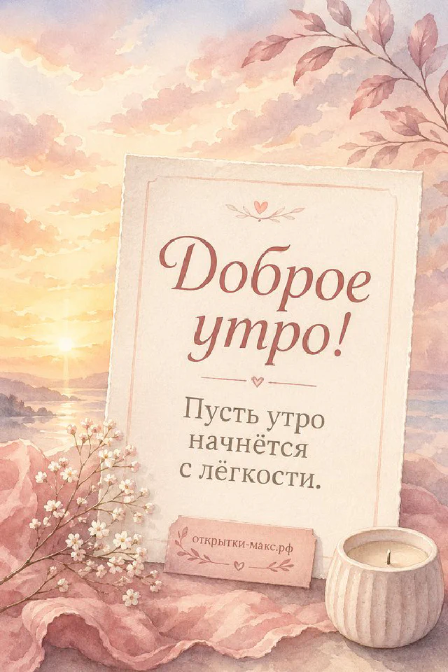 Рыжий кот лежит на голубом пледе рядом с чашкой чая с долькой лимона, надпись «Доброе утро!» — вариант 2