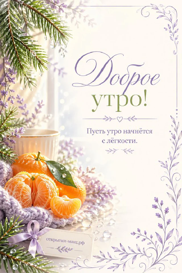 Рыжий кот лежит на голубом пледе рядом с чашкой чая с долькой лимона, надпись «Доброе утро!» — вариант 3