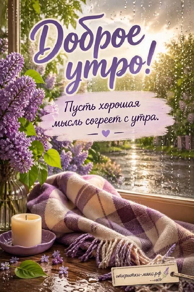 Открытка «Доброе утро» с рыжим котом, чашкой чая на цветочном блюдце и розовым пледом у окна — вариант 4