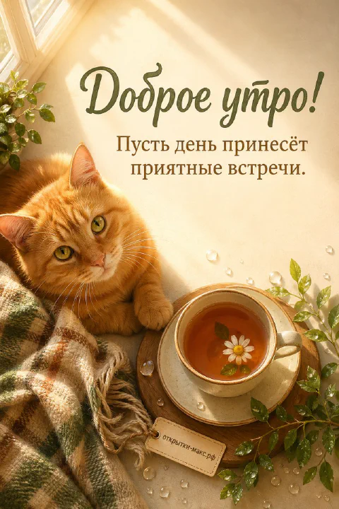 Рыжий кот лежит на клетчатом пледе рядом с чашкой чая с ромашкой и зелёными листьями на светлом фоне