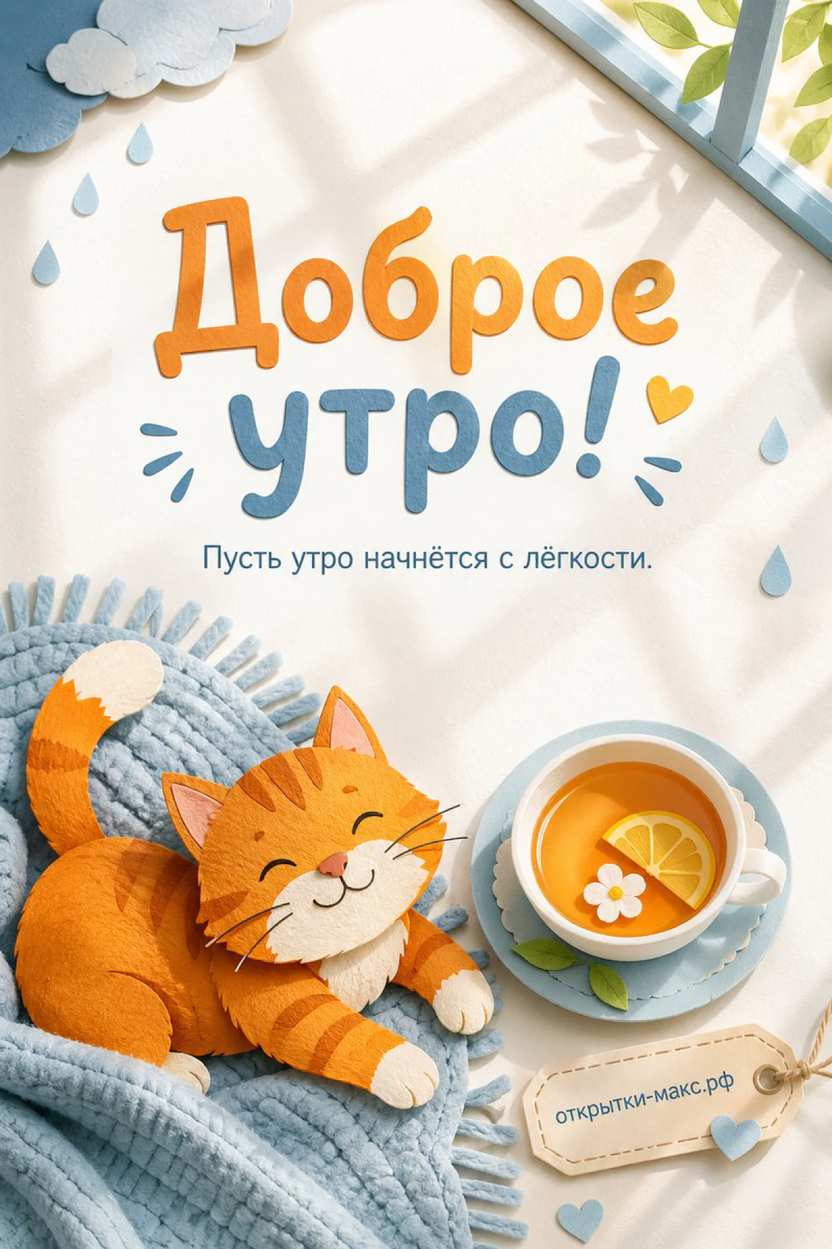 Рыжий кот лежит на голубом пледе рядом с чашкой чая с долькой лимона, надпись «Доброе утро!»