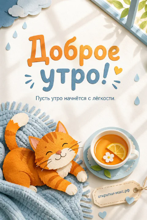 Рыжий кот лежит на голубом пледе рядом с чашкой чая с долькой лимона, надпись «Доброе утро!»