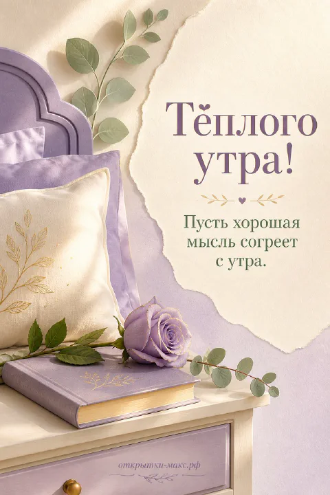 Сиреневая роза лежит на закрытой фиолетовой книге у изголовья кровати, рядом — подушка с золотой вышивкой и веточка эвкалипта