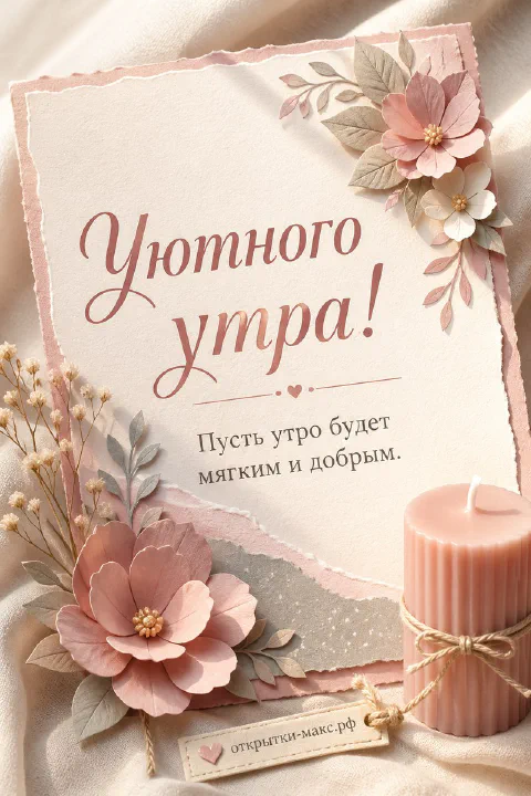 Бумажная карточка с объёмными розовыми цветами и листьями, рядом розовая свеча с льняной перевязью на бежевой ткани