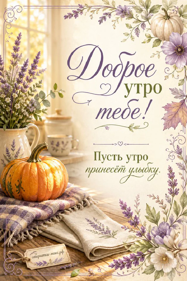 Букет нежных цветов и печенье у окна в утреннем свете, надпись «Доброе утро тебе» — вариант 2