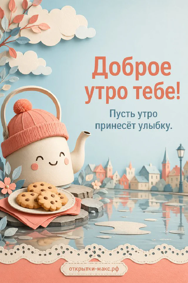 Букет нежных цветов и печенье у окна в утреннем свете, надпись «Доброе утро тебе» — вариант 5