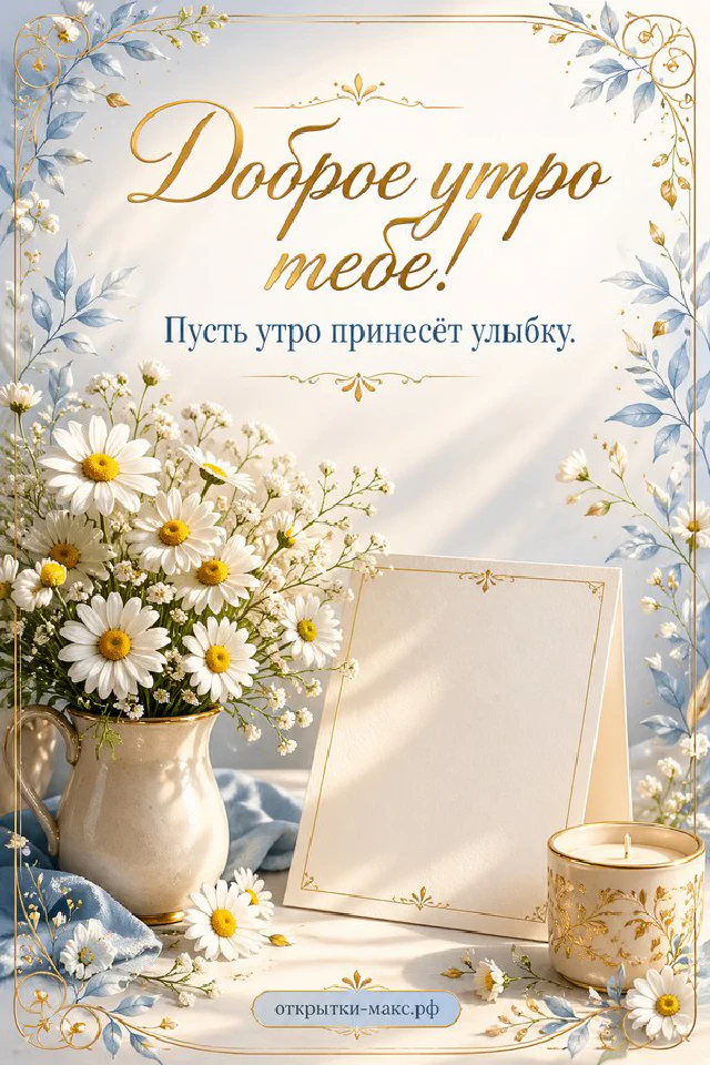 Букет нежных цветов и печенье у окна в утреннем свете, надпись «Доброе утро тебе» — вариант 6
