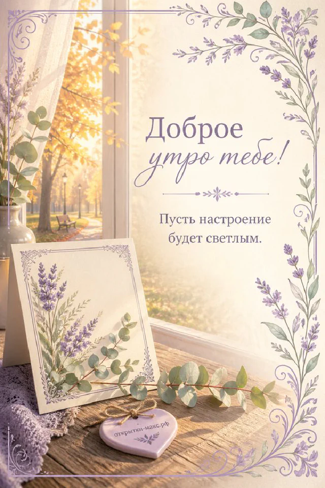 Чашка чая рядом со свежими ягодами на тёплом столе, надпись «Доброе утро тебе» — вариант 2