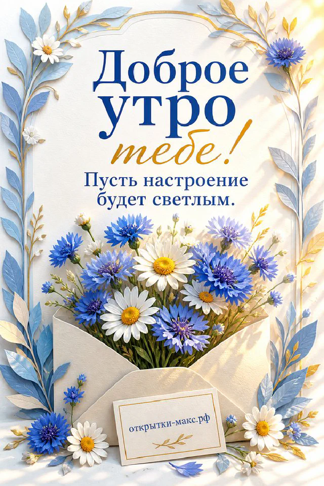 Чашка чая рядом со свежими ягодами на тёплом столе, надпись «Доброе утро тебе» — вариант 3