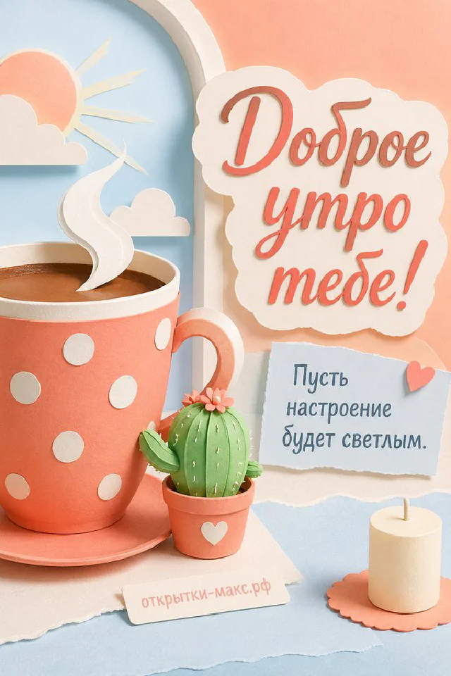 Чашка чая рядом со свежими ягодами на тёплом столе, надпись «Доброе утро тебе» — вариант 5