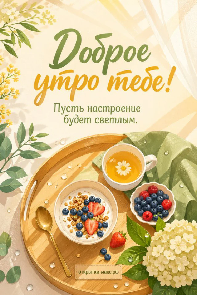 Чашка чая рядом со свежими ягодами на тёплом столе, надпись «Доброе утро тебе» — вариант 6