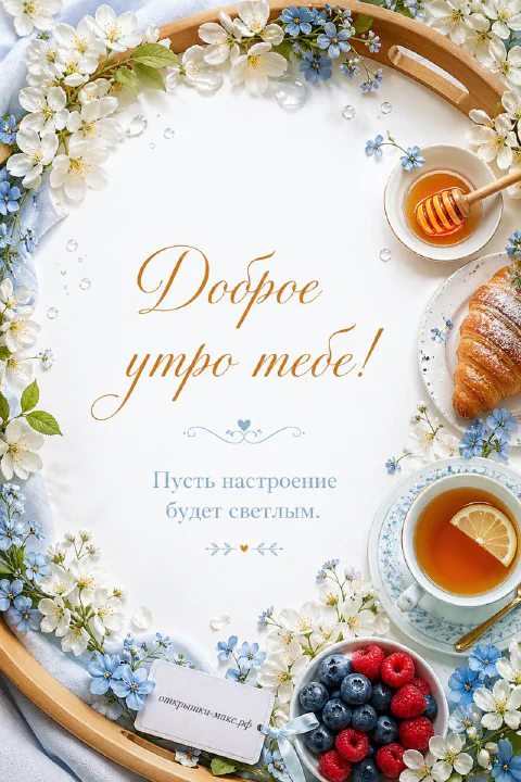 Чашка чая рядом со свежими ягодами на тёплом столе, надпись «Доброе утро тебе»