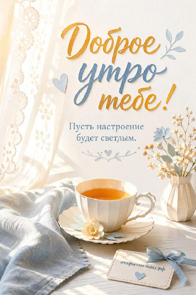 Чашка чая рядом со свежими ягодами на тёплом столе, надпись «Доброе утро тебе» — вариант 4