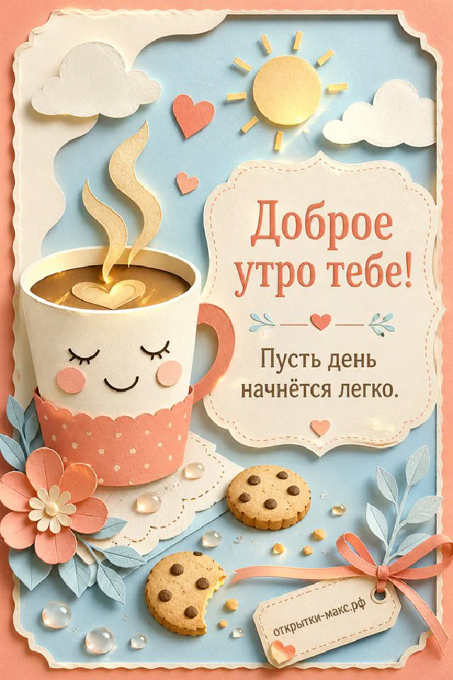 Открытка «Доброе утро тебе» с чашкой чая с лимоном, веточками лаванды и свечой в лавандовой рамке — вариант 2