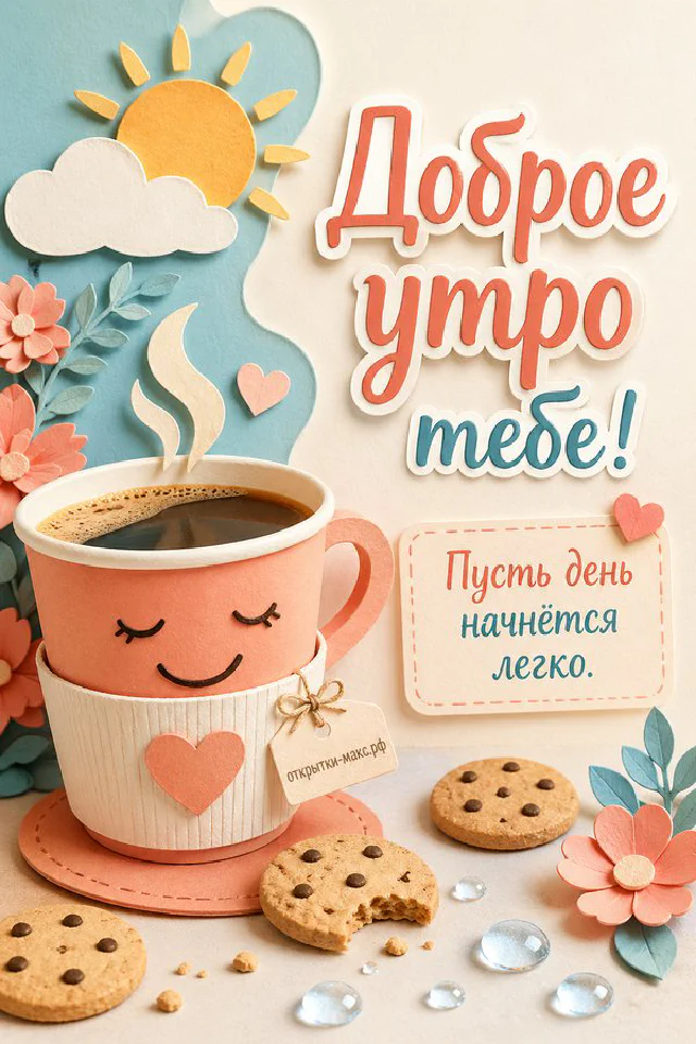 Открытка «Доброе утро тебе» с чашкой чая с лимоном, веточками лаванды и свечой в лавандовой рамке — вариант 3