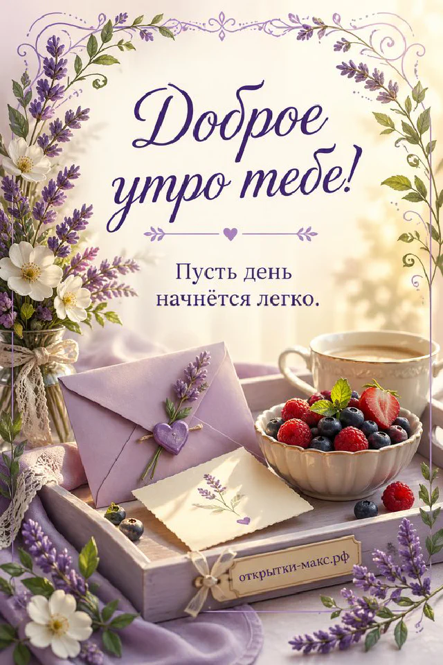 Открытка «Доброе утро тебе» с чашкой чая с лимоном, веточками лаванды и свечой в лавандовой рамке — вариант 4