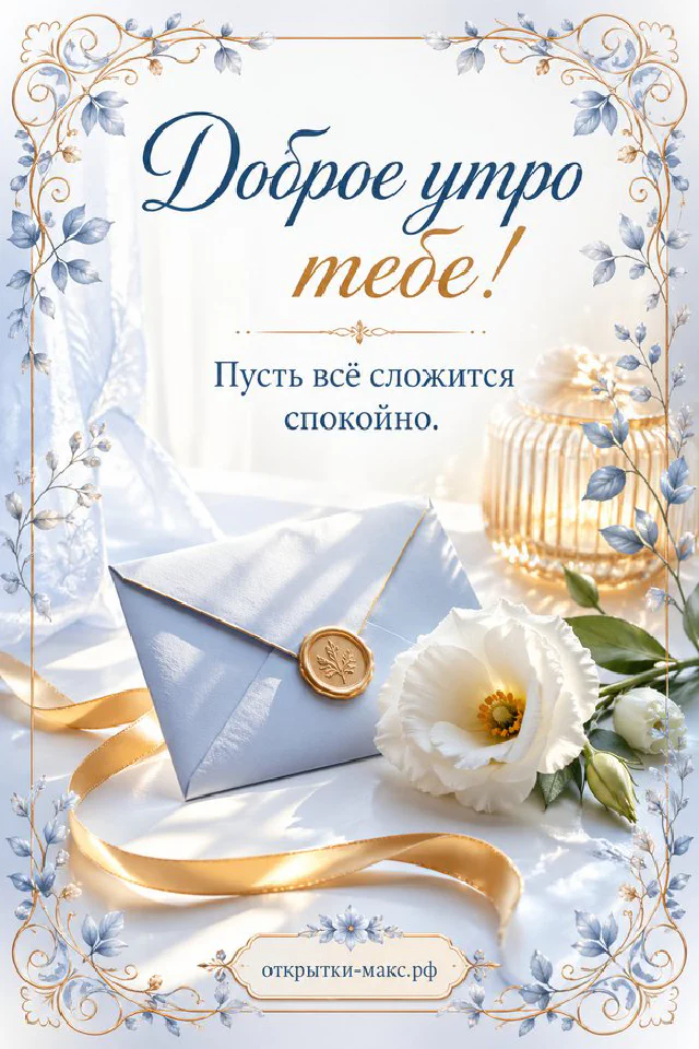 Чашка кофе, тёплый плед и пирожные на уютном столе, надпись «Доброе утро тебе» — вариант 2