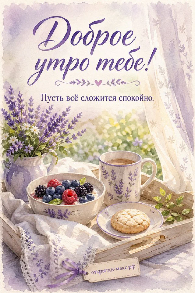 Чашка кофе, тёплый плед и пирожные на уютном столе, надпись «Доброе утро тебе» — вариант 4