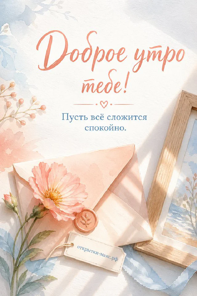 Чашка кофе, тёплый плед и пирожные на уютном столе, надпись «Доброе утро тебе» — вариант 6