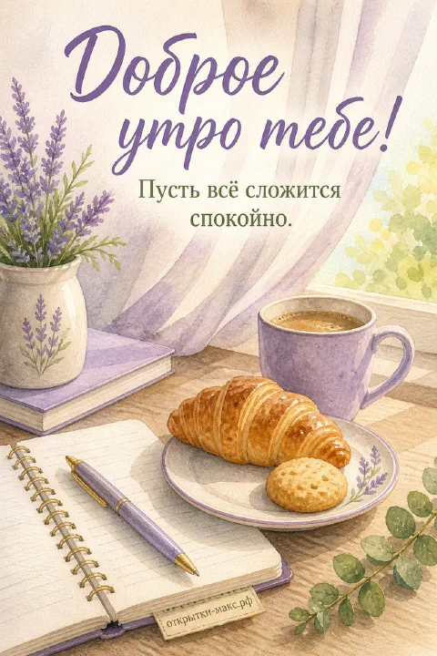Чашка кофе, тёплый плед и пирожные на уютном столе, надпись «Доброе утро тебе»