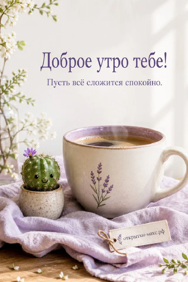 Чашка кофе, тёплый плед и пирожные на уютном столе, надпись «Доброе утро тебе» — вариант 3