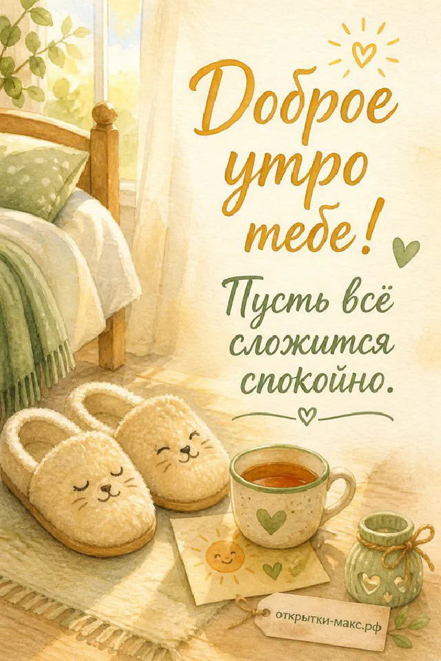 Чашка кофе, тёплый плед и пирожные на уютном столе, надпись «Доброе утро тебе» — вариант 5