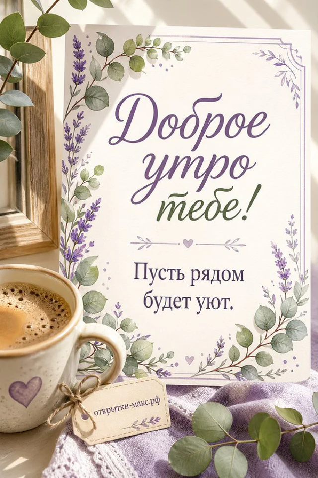 Раскрытая открытка «Доброе утро тебе» с веточками рядом с зелёным конвертом и чашкой чая с сердечком из пенки — вариант 4