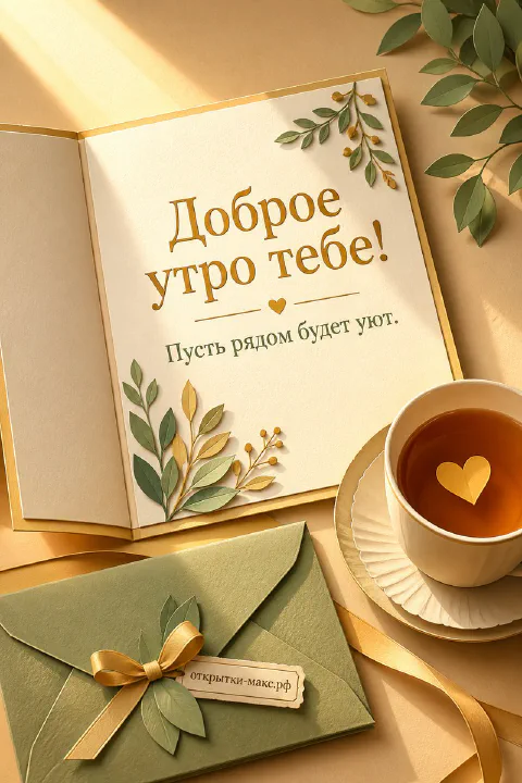 Раскрытая открытка «Доброе утро тебе» с веточками рядом с зелёным конвертом и чашкой чая с сердечком из пенки
