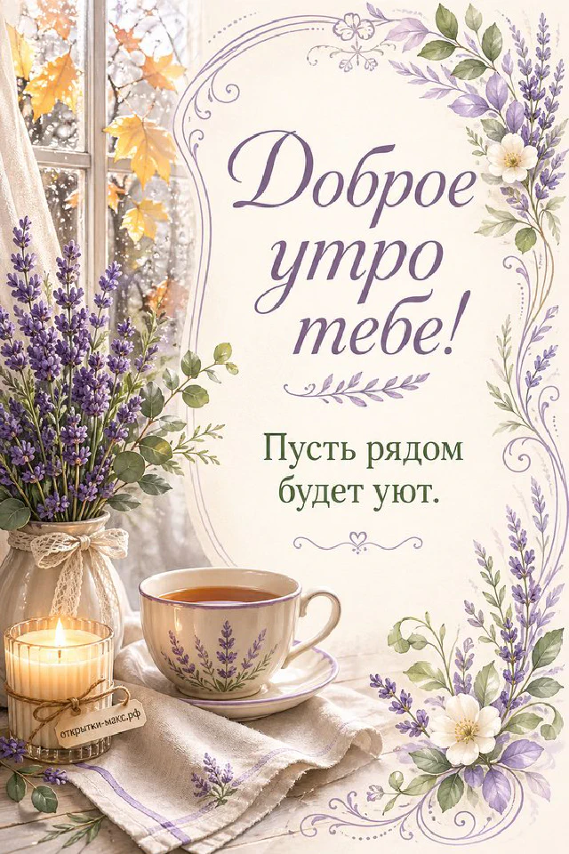Раскрытая открытка «Доброе утро тебе» с веточками рядом с зелёным конвертом и чашкой чая с сердечком из пенки — вариант 2
