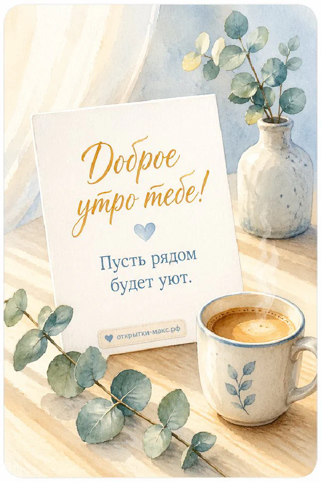 Раскрытая открытка «Доброе утро тебе» с веточками рядом с зелёным конвертом и чашкой чая с сердечком из пенки — вариант 3