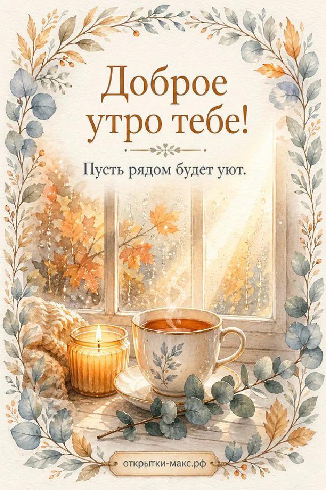 Раскрытая открытка «Доброе утро тебе» с веточками рядом с зелёным конвертом и чашкой чая с сердечком из пенки — вариант 7