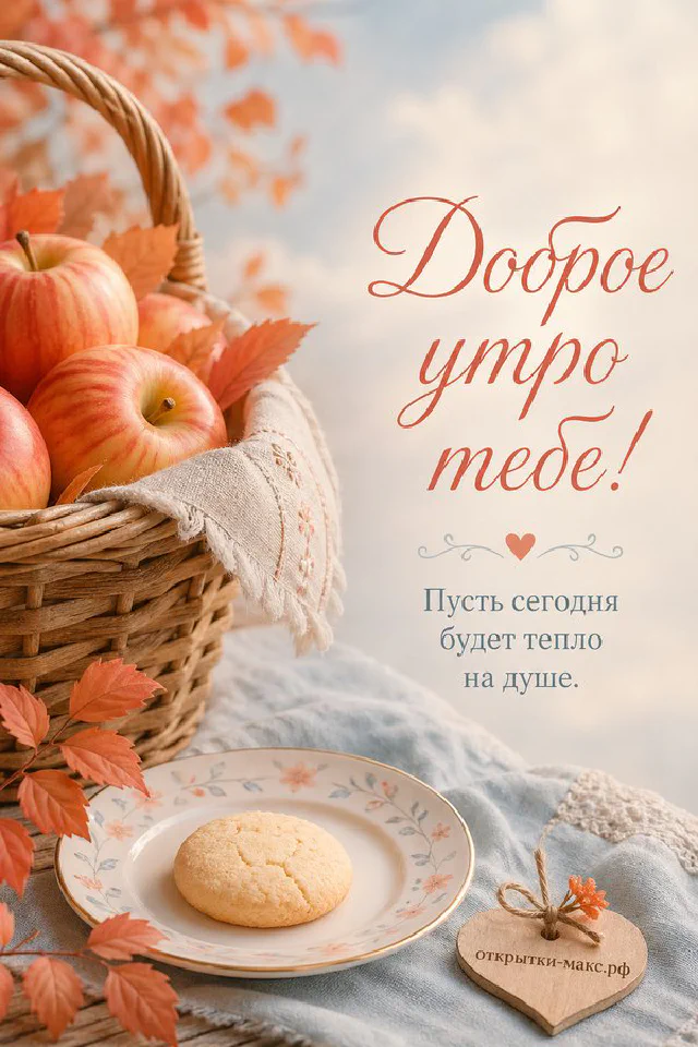 Открытка «Доброе утро тебе» с плетёной корзиной красных яблок, веточкой эвкалипта и лавандовой рамкой — вариант 4