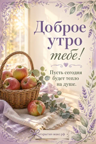Открытка «Доброе утро тебе» с плетёной корзиной красных яблок, веточкой эвкалипта и лавандовой рамкой