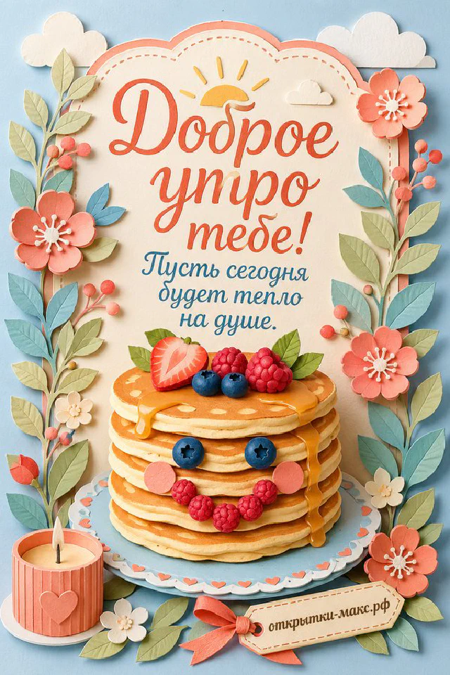 Открытка «Доброе утро тебе» с плетёной корзиной красных яблок, веточкой эвкалипта и лавандовой рамкой — вариант 3