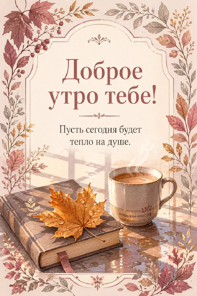 Открытка «Доброе утро тебе» с плетёной корзиной красных яблок, веточкой эвкалипта и лавандовой рамкой — вариант 5