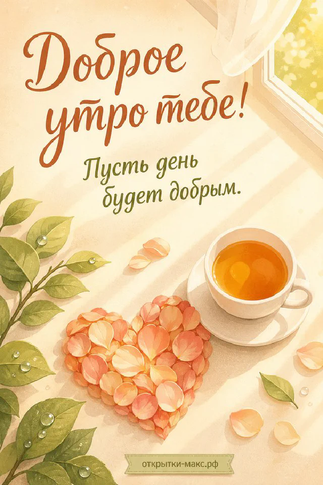 Открытка «Доброе утро тебе» с кружкой кофе с сердечками и забавным будильником-смайликом на бирюзовом фоне — вариант 3