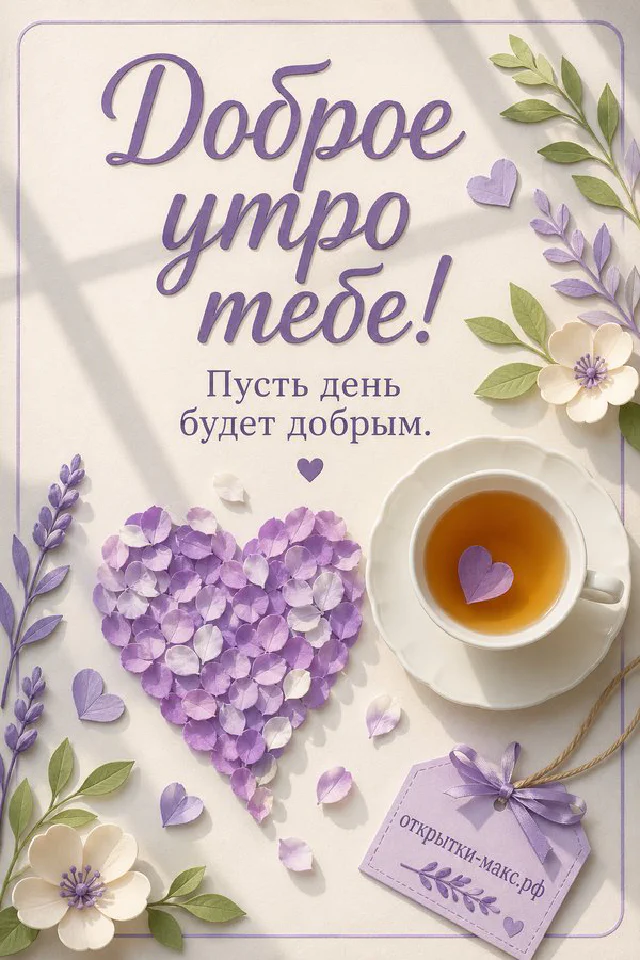 Открытка «Доброе утро тебе» с кружкой кофе с сердечками и забавным будильником-смайликом на бирюзовом фоне — вариант 4