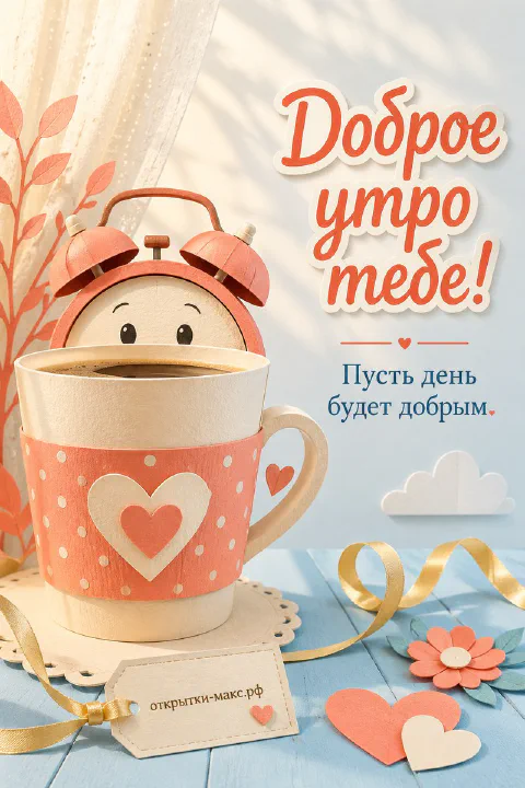 Открытка «Доброе утро тебе» с кружкой кофе с сердечками и забавным будильником-смайликом на бирюзовом фоне
