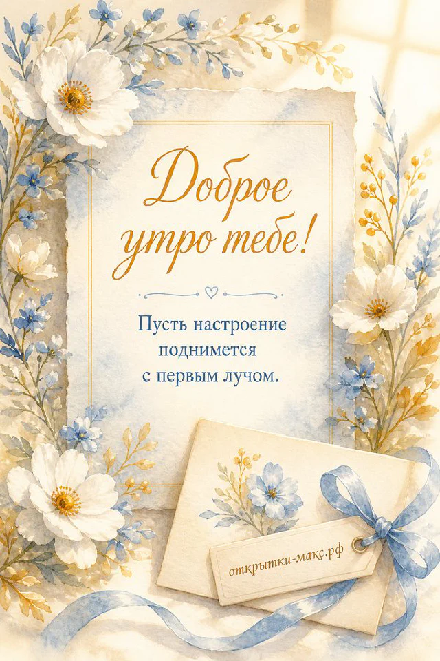 Букет ромашек в голубом кувшине рядом с чашкой кофе с латте‑арт на светлой кухне, надпись «Доброе утро тебе!» — вариант 2