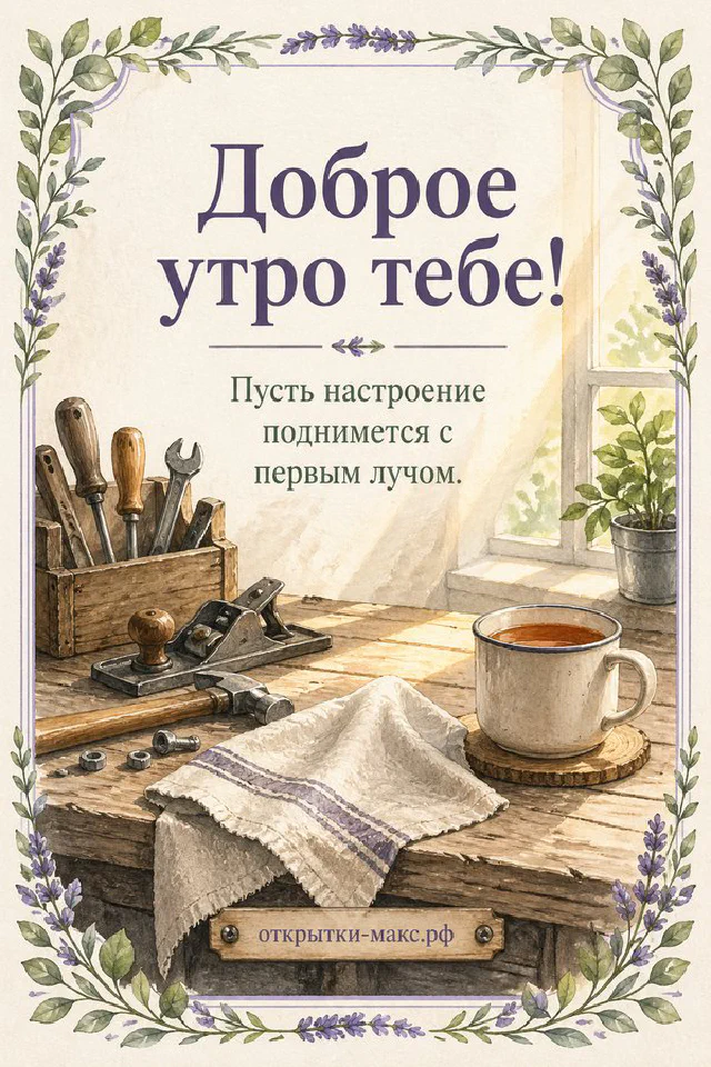 Букет ромашек в голубом кувшине рядом с чашкой кофе с латте‑арт на светлой кухне, надпись «Доброе утро тебе!» — вариант 3