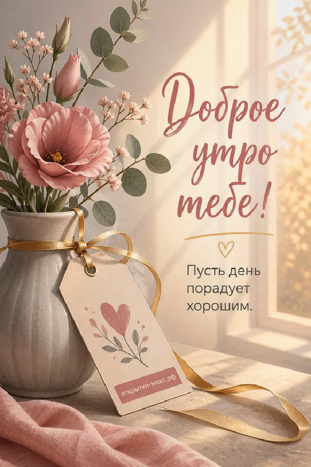 Розовые тапочки с сердцами и чашка чая у кровати с подушками и открыткой-сердечком — вариант 8