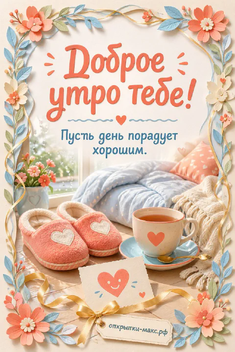 Розовые тапочки с сердцами и чашка чая у кровати с подушками и открыткой-сердечком