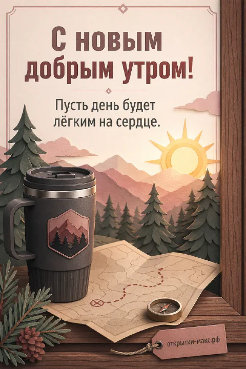Тёмный термос с горным значком на фоне бумажной карты и компаса, горный закат на заднем плане