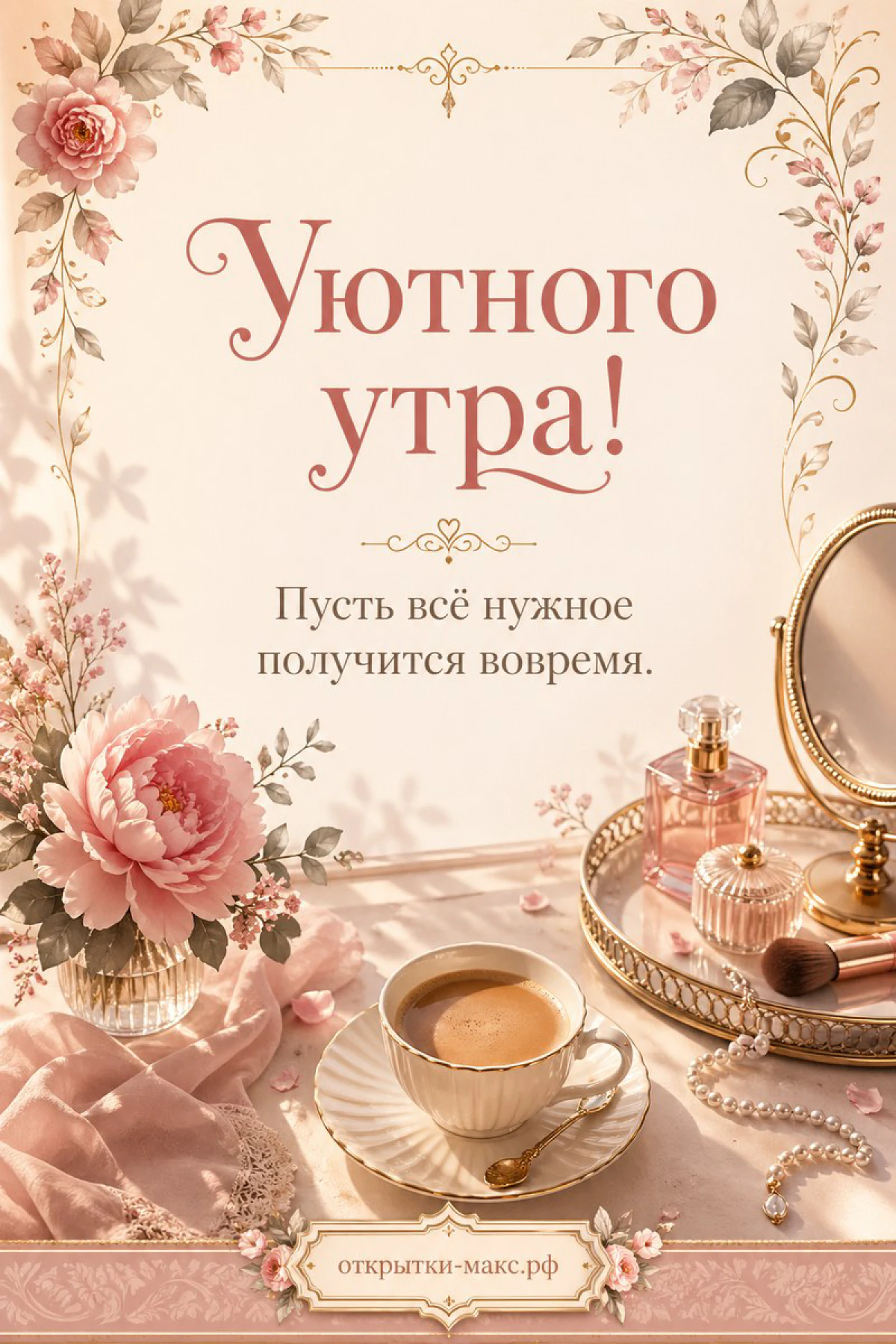 Чашка кофе на блюдце, флакон духов, зеркало и розовый пион на туалетном столике в пудровой палитре
