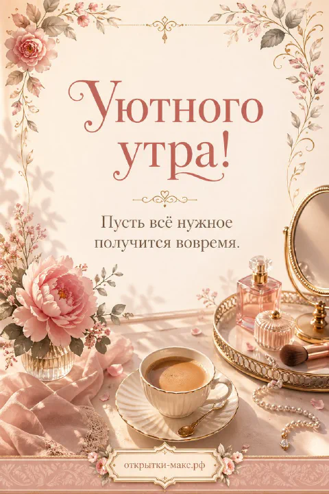 Чашка кофе на блюдце, флакон духов, зеркало и розовый пион на туалетном столике в пудровой палитре