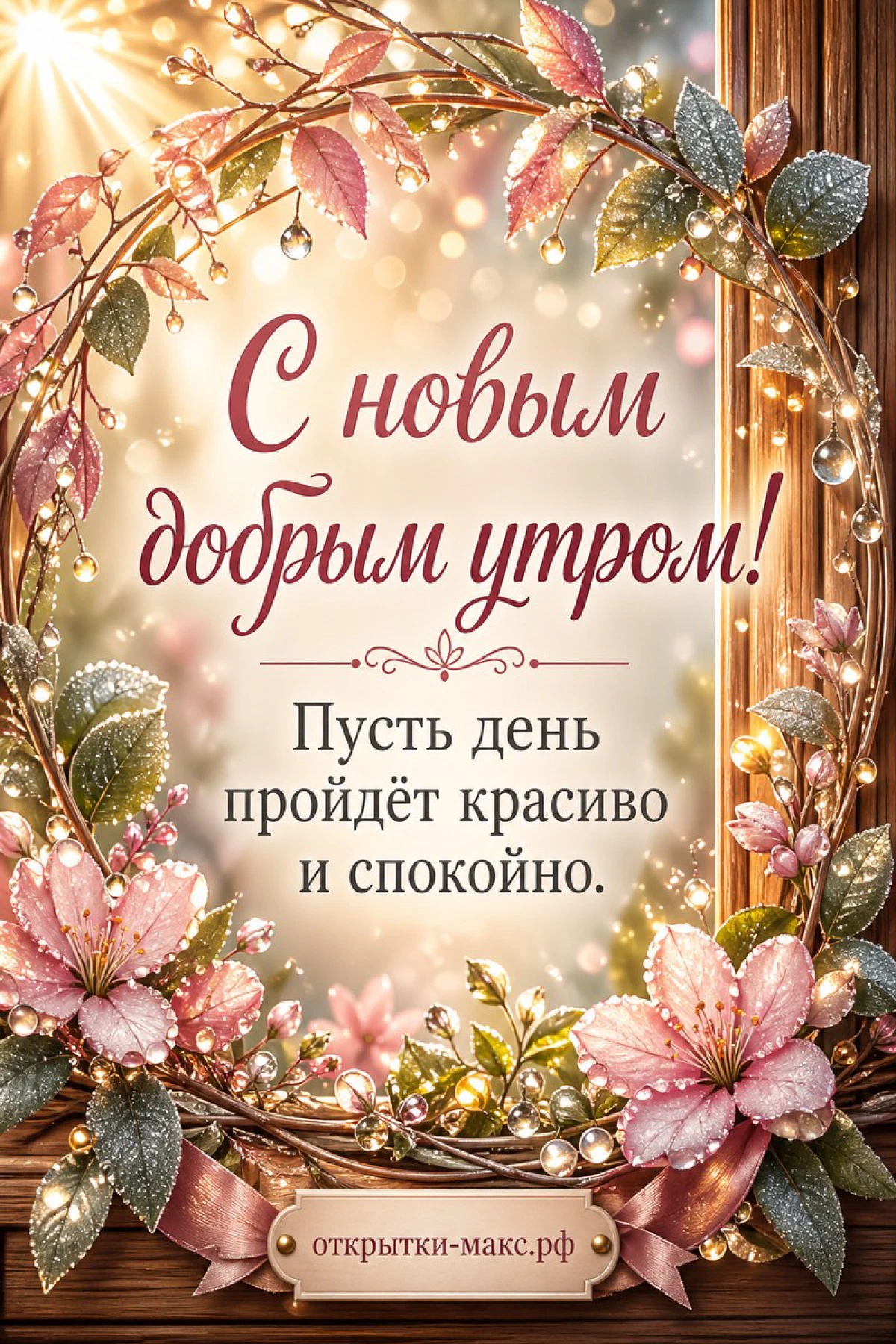 Венок из нежных розовых цветов и листьев с каплями росы на тёмном деревянном фоне с блеском