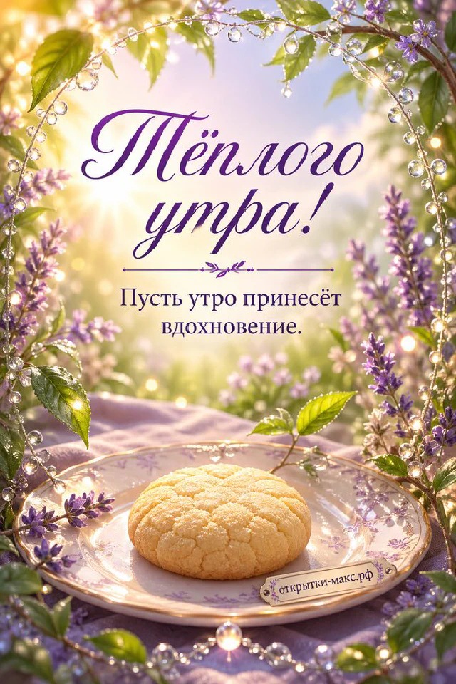 Белый деревянный поднос на постели — чашка чая, круассан, миска с малиной и черникой, букет белых цветов в вазочке у солнечного окна — вариант 2
